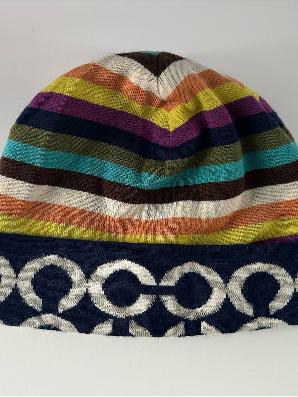 Coach Women’s Multicolor Stripe Beanie with Navy Signature Cuff